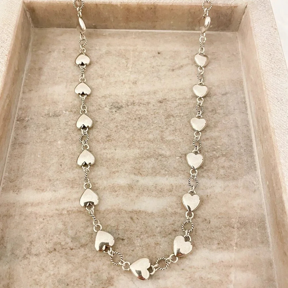 925 Sterling Silver Chunky Heart Necklace Heart Link Necklace Choker Necklace - Picture 1 of 5